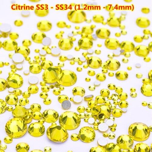 1440pcs Lemon Yellow ss3 - ss34 All Sizes Citrine Nail Art Rhinestones Non HotFix Rhinestones Flatback For 3D Decoration Nails