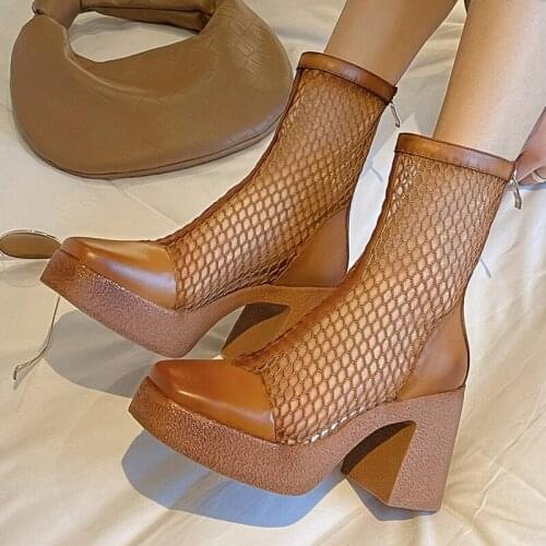 2021 New Spring Mesh Genuine Leather Women Pumps Square Toe Super High Heels Women Shoes Chunky Heels Back Zipper Ankle Boots