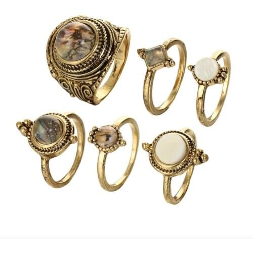 6 Pcs/set Bohemian Retro white Crystal Flower Hollow Lotus brown Gem Ring Set Women Wedding Anniversary Gift