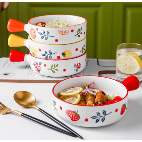 600ml Ceramic Glaze Baking Bowl with Handle Salad Bowls Barbecue Cheese Baked Rice Baking pan Round Bakeware Tary