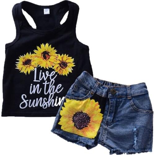 Baby Boy Clothes Sunflower Baby Girl Boutique Clothes Black Vest Top+Frayed jeans Two Piece Children Clothing Set Infant Clothes