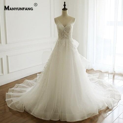 Custom Made Chapel Train Embroidery Appliques Tulle Bridal Ball Gown 2021 Hot Sale V-Neck Sleeveless Zipper Back Wedding Dress