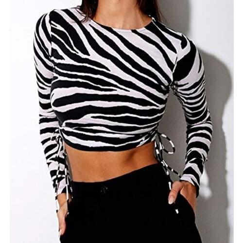 Fashion Zebra-Stripe Stylish Cropped Top Long Sleeve Round Neck Slim Sexy Side Drawstring Trendy Shirt T-Shirt for Women Ladies
