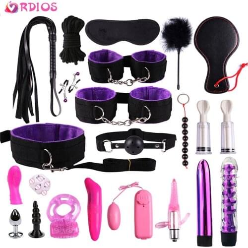 BDSM Bondage Set Nylon Handcuffs For Sex Nipple Clamps Collar Gag Whip Rope Tail Anal Plug Vibrator Couples Sex Toys for Adults