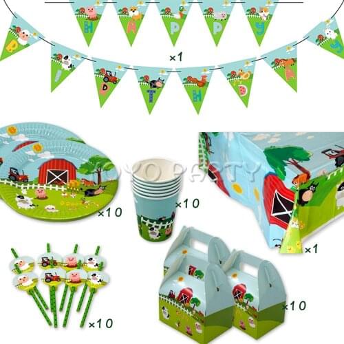 42Pcs for 10kids Farm Animals Pig Cow theme birthday party supplie tableware set, plate+cup+straw+banner+tablecover ect