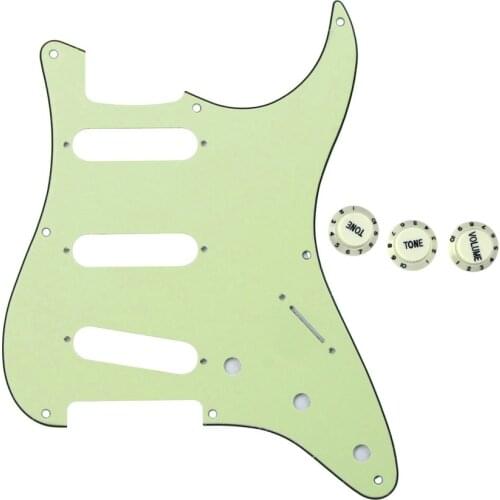 FLEOR 3ply Mint Green 8 Hole Guitar Pickguard ST SSS with 2T1V Volume Tone Guitar Knobs