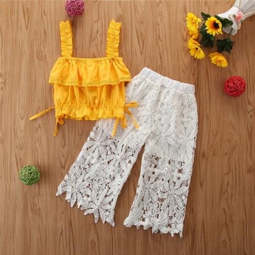 Little Girl Outfits Summer Fashion Solid Top Tank Decorated Botton +Long Lace Troures 2 pcs 2-6T Childrens Clothes