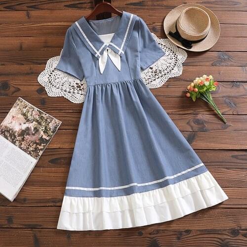 New arrival mori girl vestidos summer fashion sailor collar short sleeve women dress