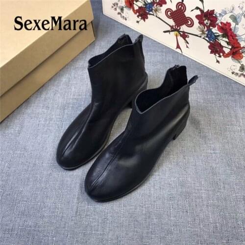 SexeMara Brand Designer Womens Genuine Leather Pointed Toe Ankle Boots Flats Leisure Comfortable Back zipper Female Short Boots