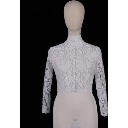 Modest Long Sleeve Wedding Jacket White Ivory Bridal Bolero Jackets Wedding Top Lace High Neck Wedding Wrap
