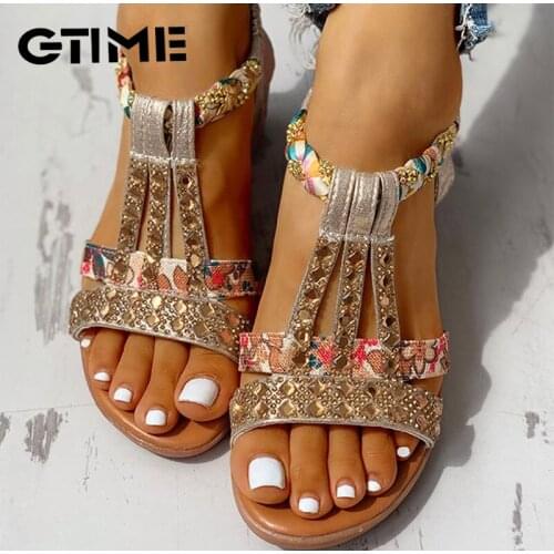 Womens Sandals Summer Bohemia Platform Wedges Shoes Crystal Gladiator Rome Woman Beach Shoes Casual Elastic BandFemale#SJPAE-44