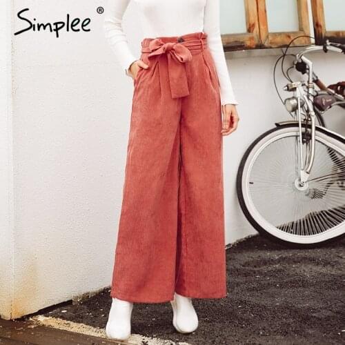 Simplee corduroy wide leg pants women casual High waist waistband fashion vintage long pants 2018 Autumn winter female pants