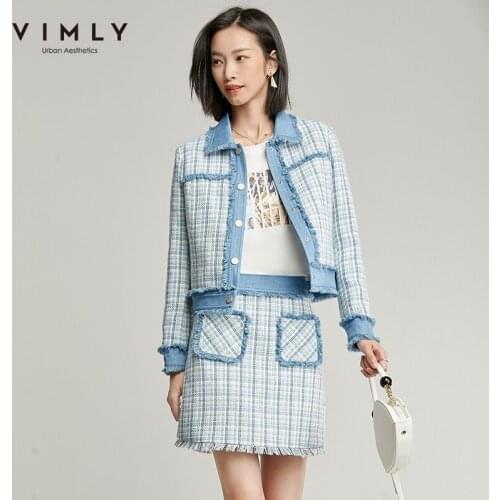 Vimly Womens Set Elegant Office Lady Lapel Single Breasted Plaid Short Jackets High Waist Skirt Female Two Piece Suit 97858
