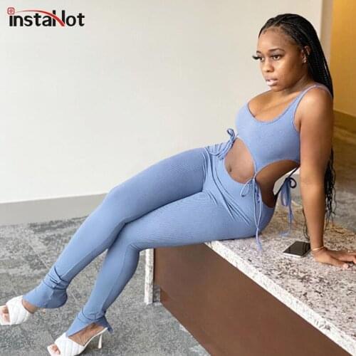 InstaHot women two piece sets crop top high waist sweatpant hollow outfit casual sexy summer sleeveless 2 piece set tracksuit