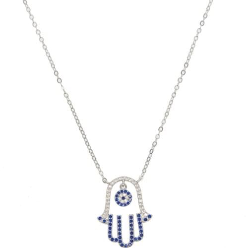 Lucky Turkish evil eye hamsa hand necklace delicate chain pave blue cz pendant necklaces 100% 925 sterling silver jewelry