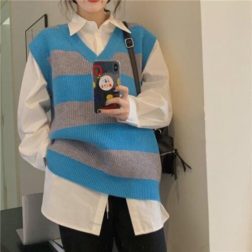V-neck striped loose oversize knitted vest preppy style sweet lazy style vest chic outgoing spring vest 2021 new female tops