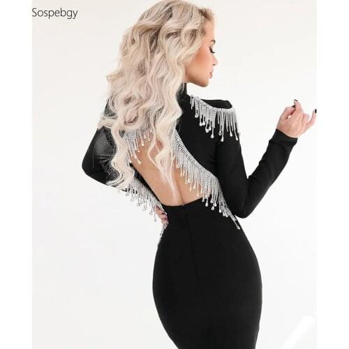2020 Ladies Design Long Sleeve Fringed Round Neck Water Diamond Halter Mini Dress Bodycon Party Runway Bandage Dress Vestidos