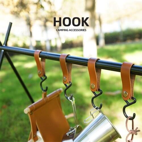 4pcs Outdoor Pu Hook Nylon Anti-wear Metal Button Hanger Camping Hiking Picnic Hanging Rack Cookware Tableware Bag Hook