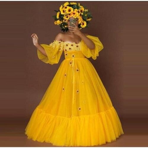 Abito da sera vestido de fiesta Gold Evening Dress Floral robe de soiree abendkleider Evening Formal Dress Flare Sleeve