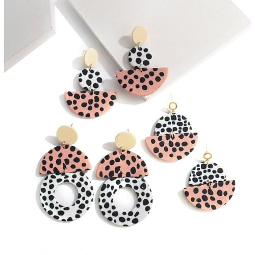 AMORCOME Ethnic Handmade Geometric Semicircle Polymer Clay Drop Earrings For Women Animal Print Dots Dangle Earrings Jewelry