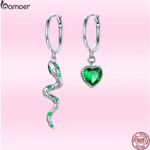 Bamoer Silver Snake Love Earring Real 925 Sterling Silver Green Heart CZ Hoop Earrings For Women Wedding Fine Jewelry SCE1006