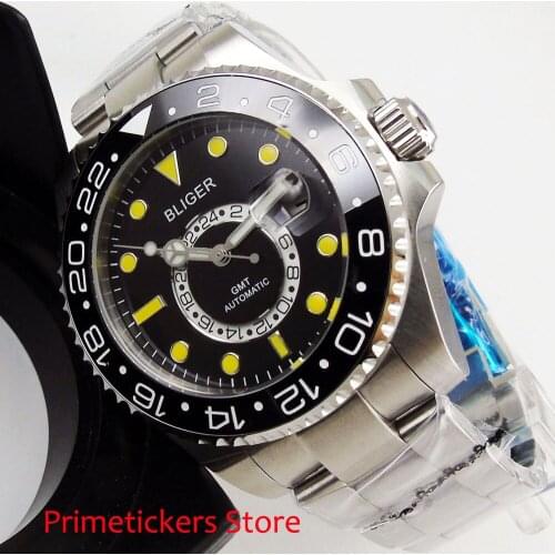 BLIGER GMT date sapphire glass 43mm yellow marks black dial date automatic movement mens watch