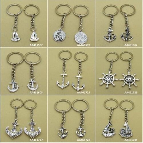 Antique Silver Tone Keychain Keyring Keytag Sailboat Junk Sailing Ship Boat Anchor Love Heart Rudder Tag Signs Key Chain Ring