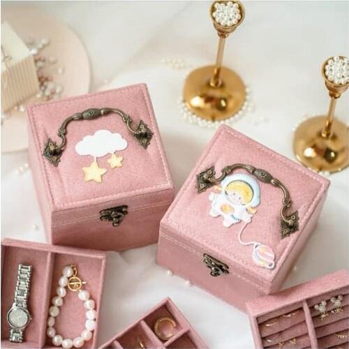 HOSENG Pink Velvet Ring Jewelry Box Wedding Gift Fashion Cartoon Necklace Earring Watch Storage Copper Lock Buckle Case HS_464