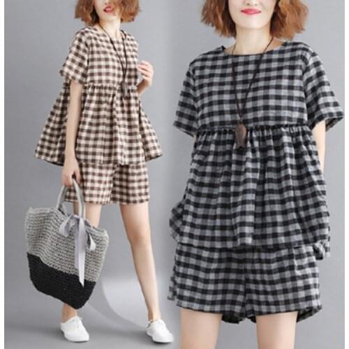 Cotton Linen Plaid Tracksuit Women Two Piece Set Summer Clothes Oversized Top and Shorts Suit 5XL Plus Size Womens Sets Outfits