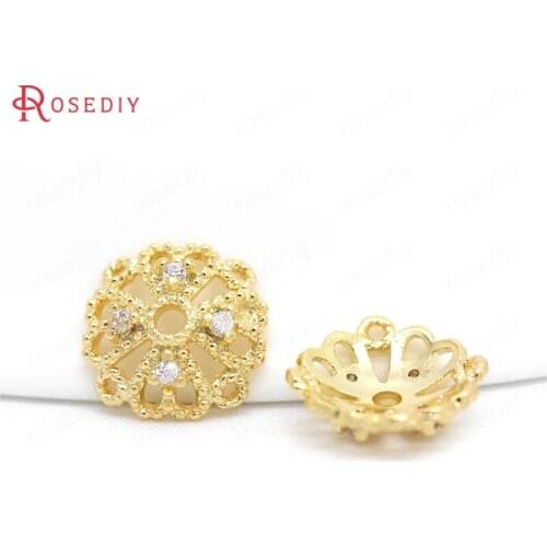 F254)6 pieces Diameter 8mm 24K Gold Color Brass with Zircon Flower Beads Caps High Quality Diy Jewelry Findings Accessories