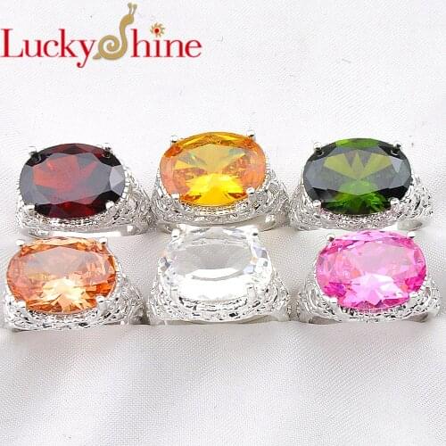 LuckyShien 6 Pcs/Lot Crystal Zircon Gems Rings Retro Silver Women 16*12mm Wedding Jewelry Rings lovers' Ring New