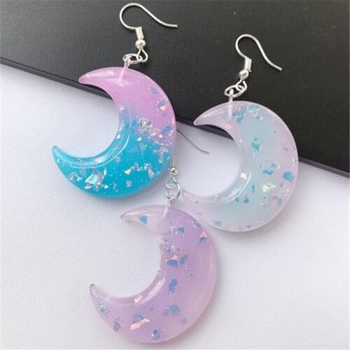 1pair Cute Woman Glitter Moon Drop Earring Resin Gradient Moon Earrings Personality Jewelry For Woman And Kids Gifts