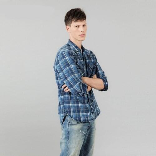 Spring New Indigo Shirts Men Double check pockets Denim Plaid Shirts Vintage plus size high quality brand clothing