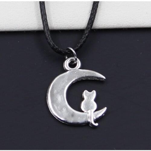 New Durable Black Faux Leather Moon Cat Pendant Cord Choker DIY Necklace Retro Boho Tibetan Silver Color