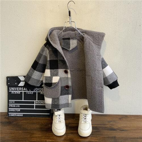 Fall Winter Fleece Jackets For Boy Trench Childrens Clothing 2-10Y Hooded Warm plaid Outerwear Windbreaker Baby Kids Coats