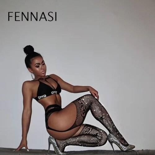 FENNASI Fishnet Mesh Stockings Sexy Thigh High Socks With Rhinestones Garter