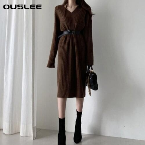 OUSLEE Knitting Sweater Dress Women Thick Knitted Dresses Female Casual V Neck Long Dresses Girls Elegant Vestido Mujer Oversize