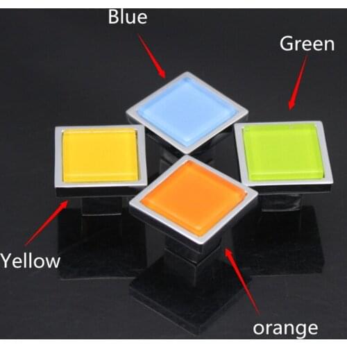 Modern fashion colorful square glass crystal cupboard wine cabinet handle orange yellow blue green chrome drawer cabinet knob
