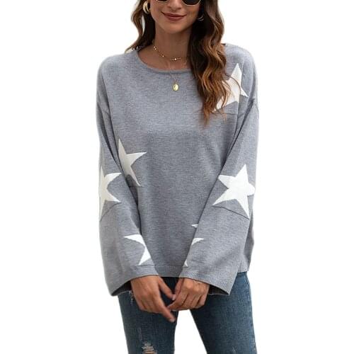 Spring new hot style knit sweater round neck pullover five-pointed star trumpet sleeve sweater women