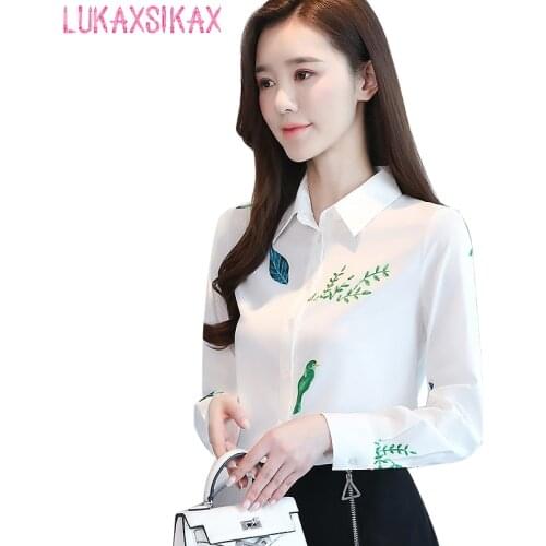 2020 New Spring Autumn Women Turndown Collar Long Sleeve Shirt Korean Fashion Print White Chiffon Shirt Casual Women Tops