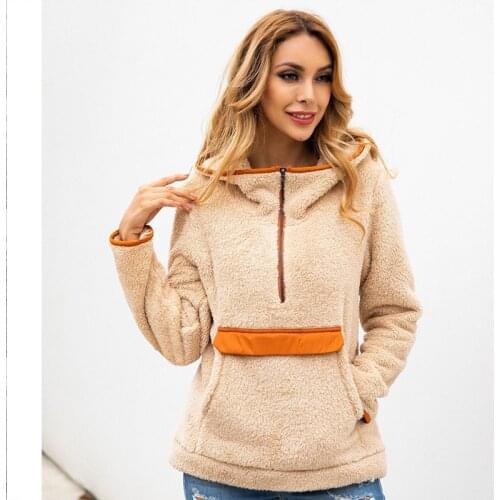 Patchwork Half Zip Hoodie for Women Cute Ladies Drop Shoulder Zipper Hooded Sweatshirt