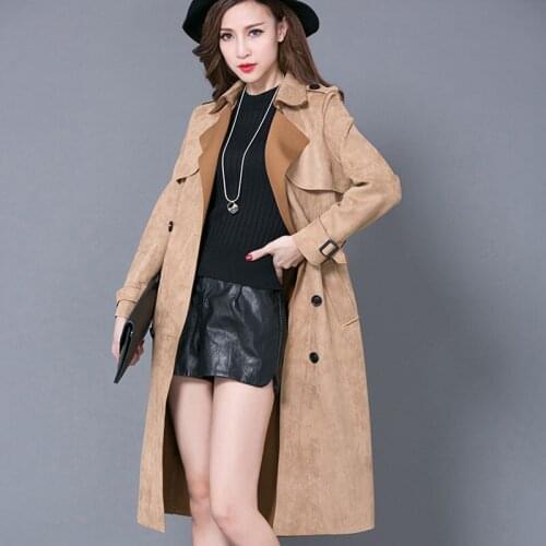 Plus size 6XL Suede Windbreaker Coat Women British style 2020 Spring Autumn New Fashion Slim Female Long Overcoat Coat With belt