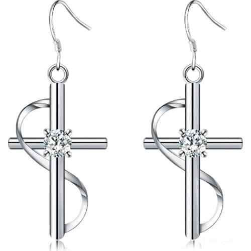 HXH QRX 925 Sterling Silver Cross Zircon Drop Earrings For Women Best Gift Wedding Engagement Jewelry