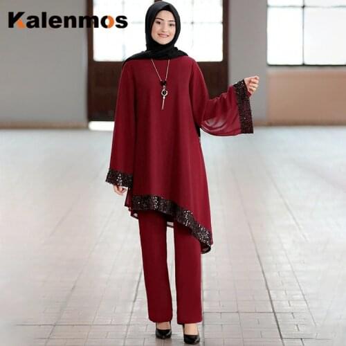 KALENMOS Ramadan Dubai Abaya Women 2 Piece Set Muslim Hijab Topsand Wide Leg Pants UAE Turky Suits Islamic Clothes Kaftan Robe