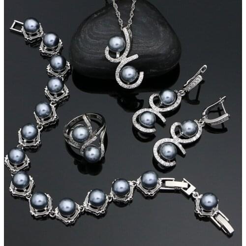 925 Sterling Silver Jewelry Gray Pearl White Crystal Ring Bracelet Pendant Necklace Earrings Set Woman Prom Accessories Jewelry