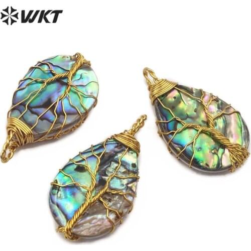 WT-JP147 Natural Abalone Shell Pendant Colorful Waterdrop Shape Surrounded by Gold Wire Women Necklace Pendant Jewelry