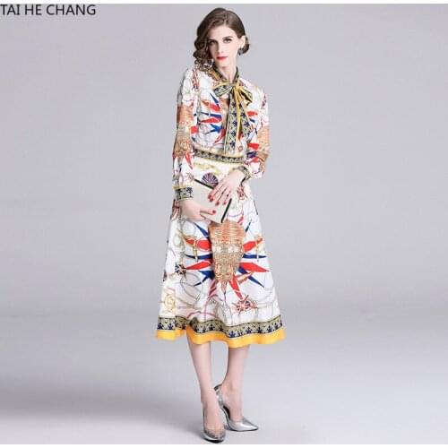 2019 Women Long Sleeve Dress Fashion Retro Spring Summer Elegant Bodycon Vintage Party Runway Print Shirt Midi Work Dresses