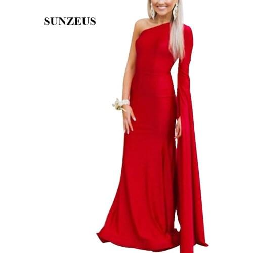 Sheath Floor Length Long Red Evening Party Dress One Shoulder Single Sleeve Women Formal Gowns