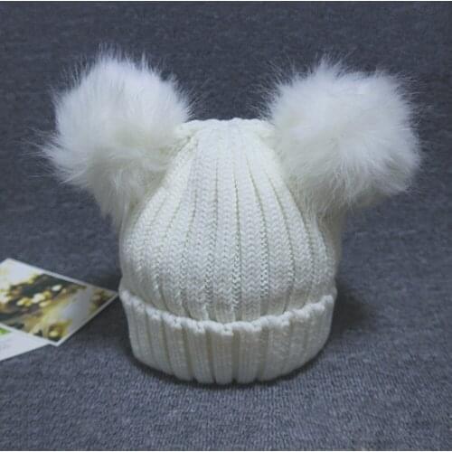 Winter ladies cute plush ball ear knit cap Women Double Bobble Pompom Hat Knitted Beanie Fashion Girls Cap Outdoor Clothing New