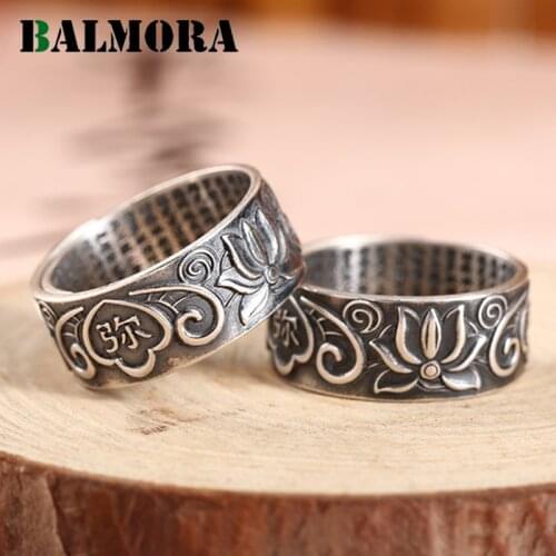 BALMORA 1 Piece Original 100% Real 990 Sterling Silver Buddhism Ring For Women Girls Vintage Lotus Ring Open Finger Ring Jewelry